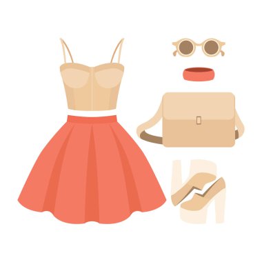 Trendy kadın giyim etek, büsye üst ve aksesuarları ile kümesi