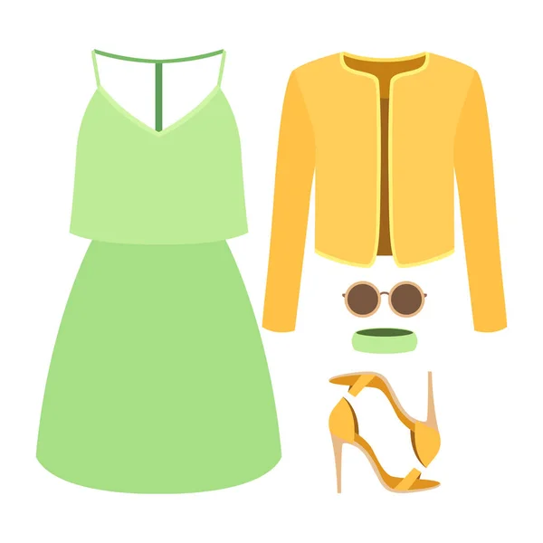 Módní dámské oblečení s sako, šaty a doplňky — Stockový vektor