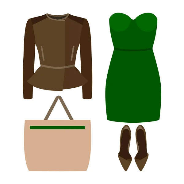 Set trendiger Damenkleidung mit Roccerjacke, Kleid und Accessoires — Stockvektor