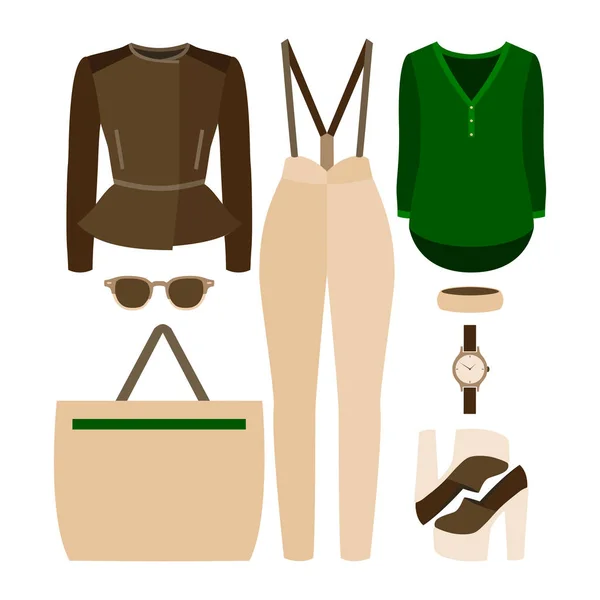 Conjunto de ropa de mujer de moda con bragas, chaqueta rocker, camisa y accesorios — Vector de stock