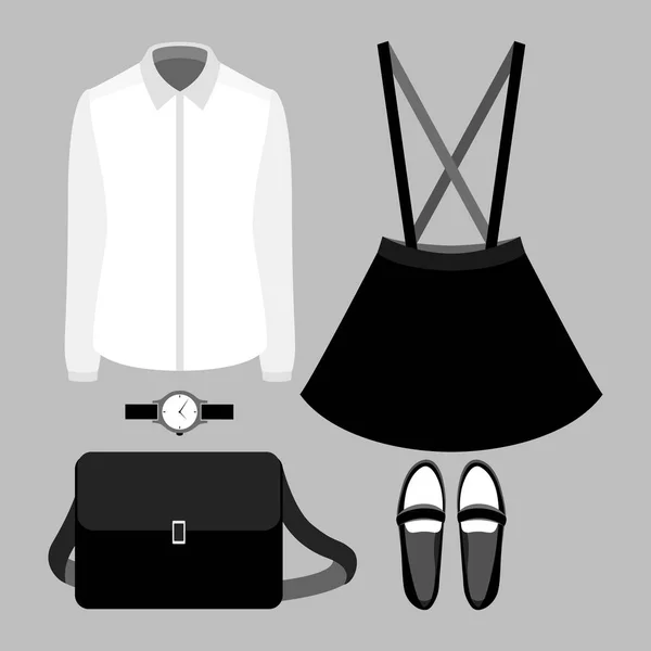 Conjunto de ropa de mujer de moda con falda, camisa y accesorios — Vector de stock