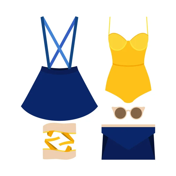 Conjunto de ropa de mujer de moda con falda, body y accesorios — Vector de stock