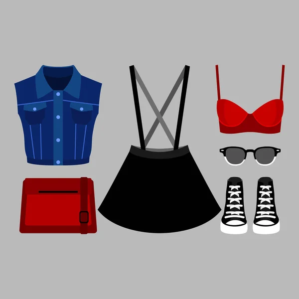 Conjunto de roupas femininas da moda com saia, colete de ganga, sutiã e acessórios —  Vetores de Stock