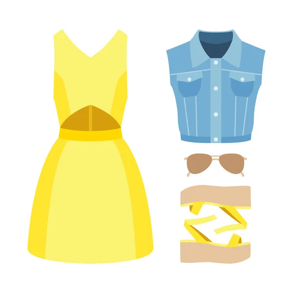 Conjunto de ropa de mujer de moda con vestido, chaleco vaquero y accesso — Vector de stock