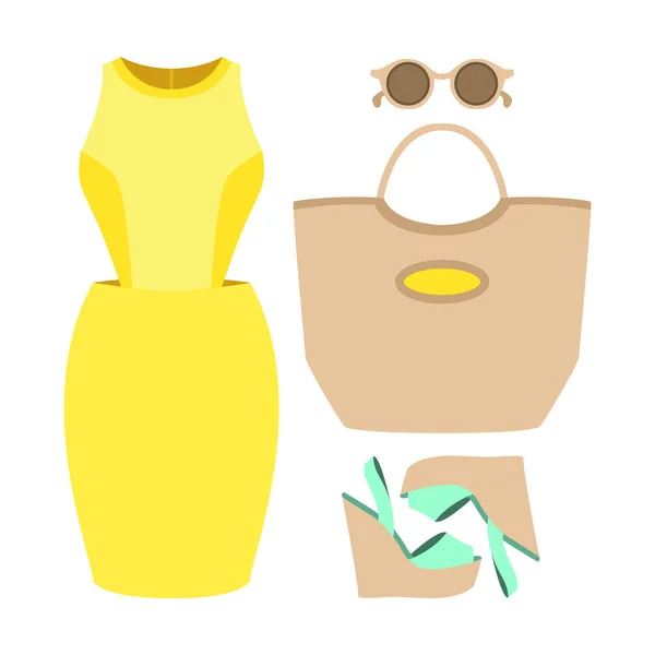 Conjunto de ropa de mujer de moda con vestido y accesorios — Vector de stock