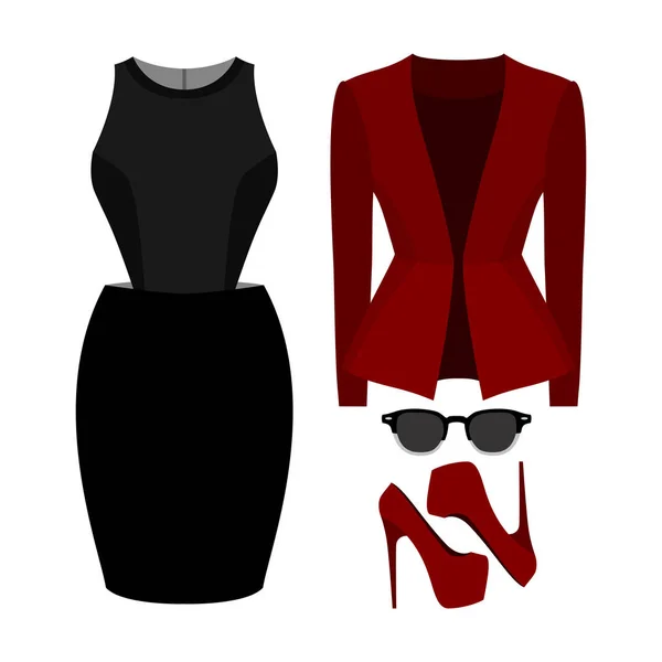 Conjunto de ropa de mujer de moda con vestido, chaqueta y accesorios — Vector de stock