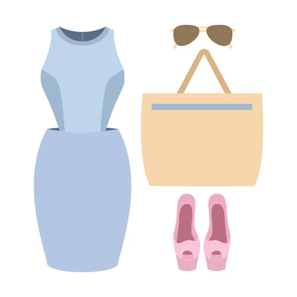 Conjunto de roupas femininas da moda com vestido e acessórios — Vetor de Stock
