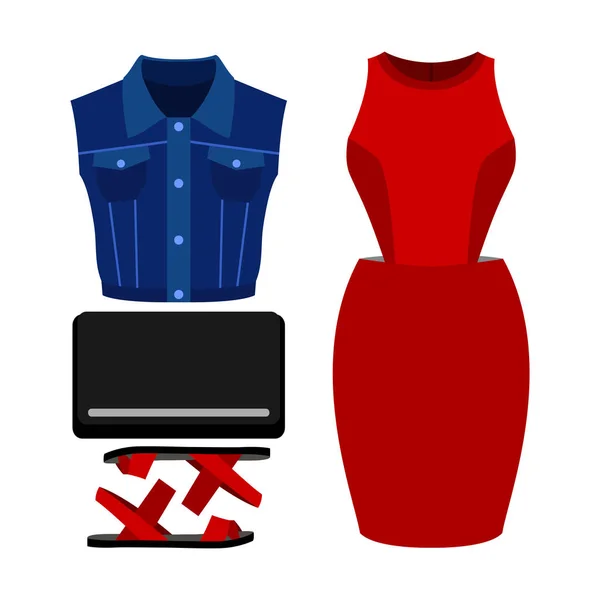 Conjunto de roupas femininas da moda com vestido, colete jeans e acessórios — Vetor de Stock