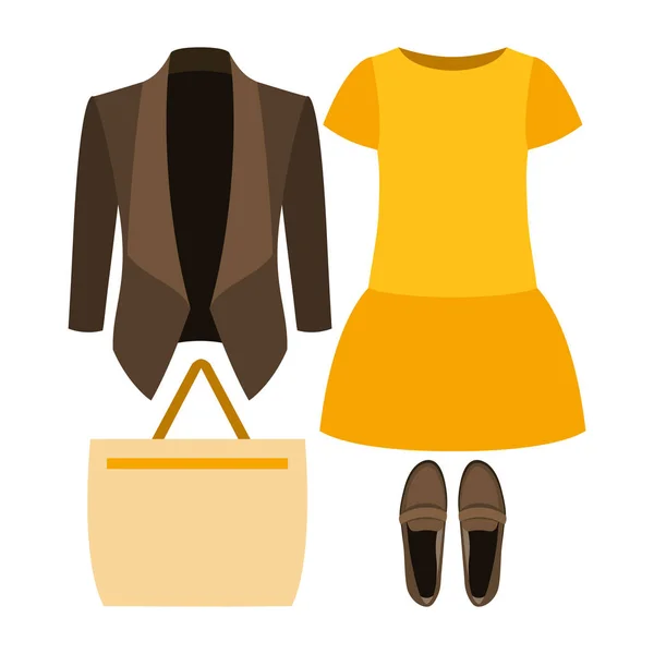Set trendiger Frauenkleidung mit Kleid, Jacke und Accessoires — Stockvektor