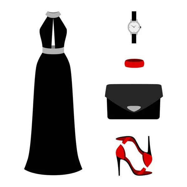 Conjunto de roupas femininas da moda com vestido e acessórios —  Vetores de Stock