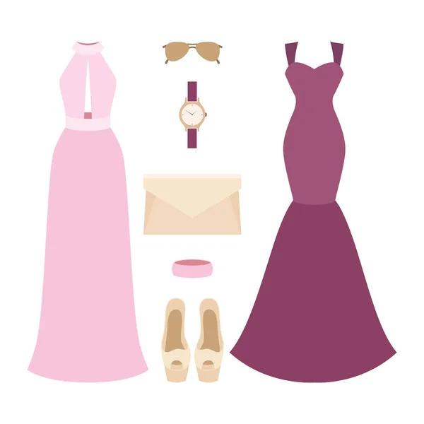 Μοντέρνα γυναικεία ρούχα με φόρεμα και αξεσουάρ — Διανυσματικό Αρχείο