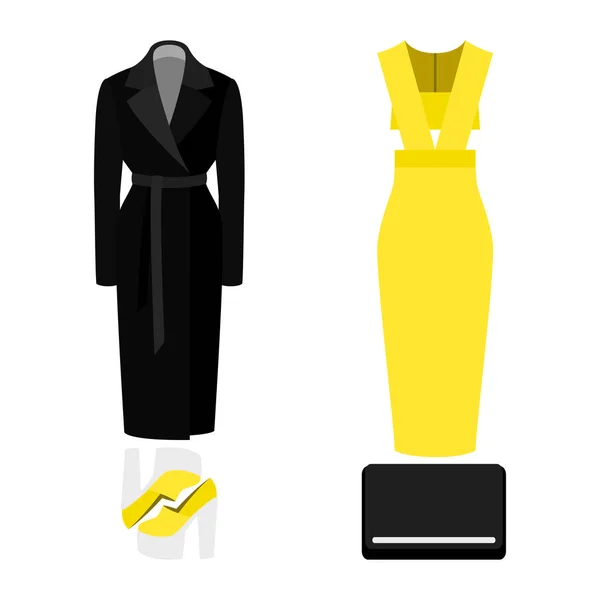 Conjunto de ropa de mujer de moda con vestido, abrigo y accesorios — Vector de stock