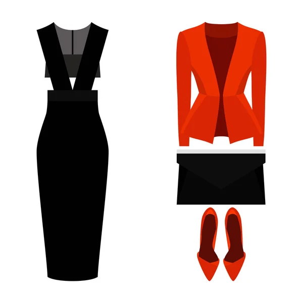 Conjunto de roupas femininas da moda com vestido, jaqueta e acessórios — Vetor de Stock