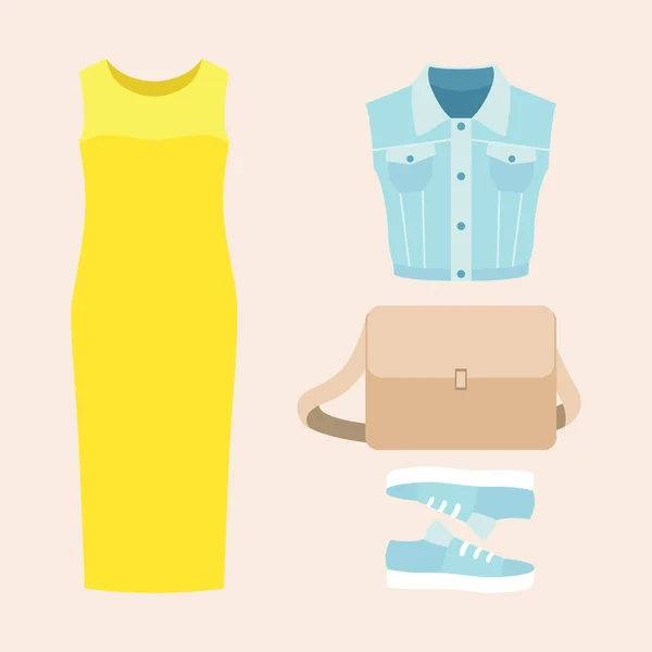 Divatos női ruhák, ruha, farmer mellény és tartozékok készlet — Stock Vector