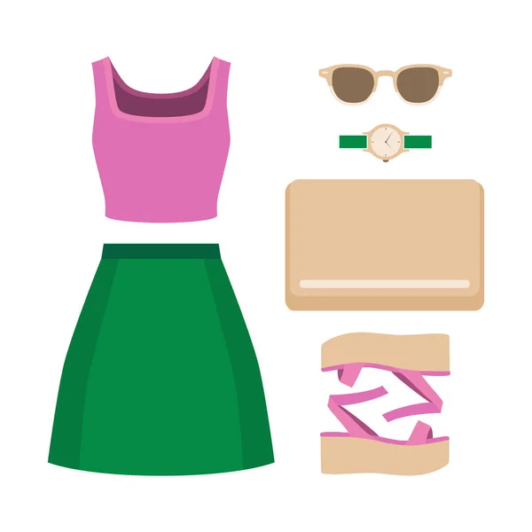 Ensemble de vêtements pour femmes tendance avec jupe, haut et accessoires — Image vectorielle