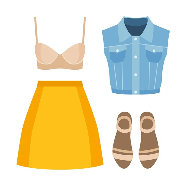 Набор модной женской одежды с юбкой, бюстгальтером, джинсовой жилеткой и аксессуарами — стоковый вектор