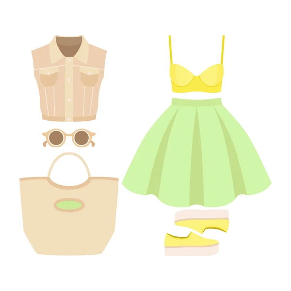 Conjunto de ropa de mujer de moda con falda, sujetador, chaleco vaquero y accesorios — Vector de stock