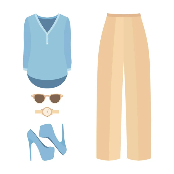 Conjunto de roupas femininas da moda com calcinha, camisa e acessórios — Vetor de Stock