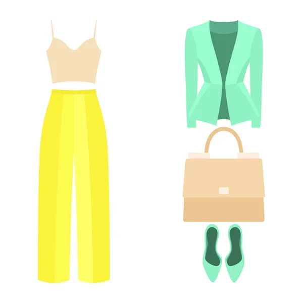 Set di abiti donna alla moda con mutandine, giacca, top e accessori — Vettoriale Stock