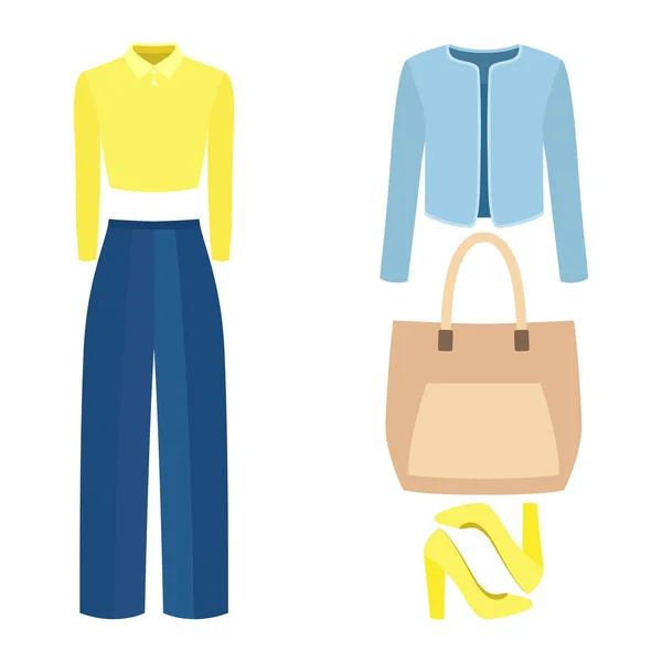 Conjunto de roupas femininas da moda com calcinha, jaqueta, top e acessórios —  Vetores de Stock