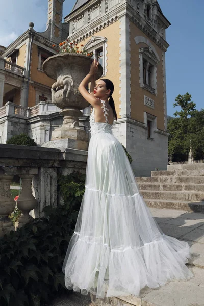 Linda noiva jovem com cabelo escuro no vestido de noiva elegante — Fotografia de Stock