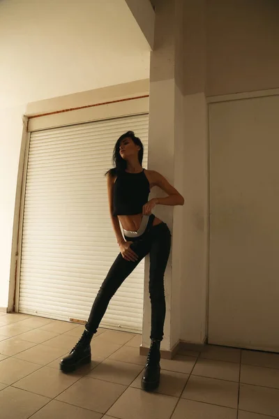 ファッション写真の美しいセクシー女性の黒髪カジュアルな服を着た女性がスタジオでポーズ — ストック写真