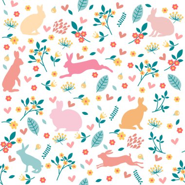 Tavşanlar kalplerde ve çiçeklerde.