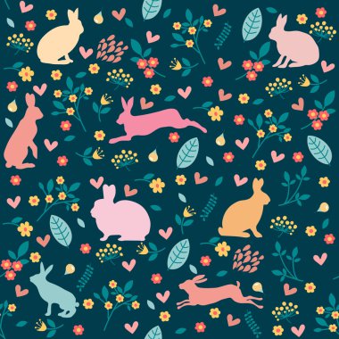 Tavşanlar kalplerde ve çiçeklerde.