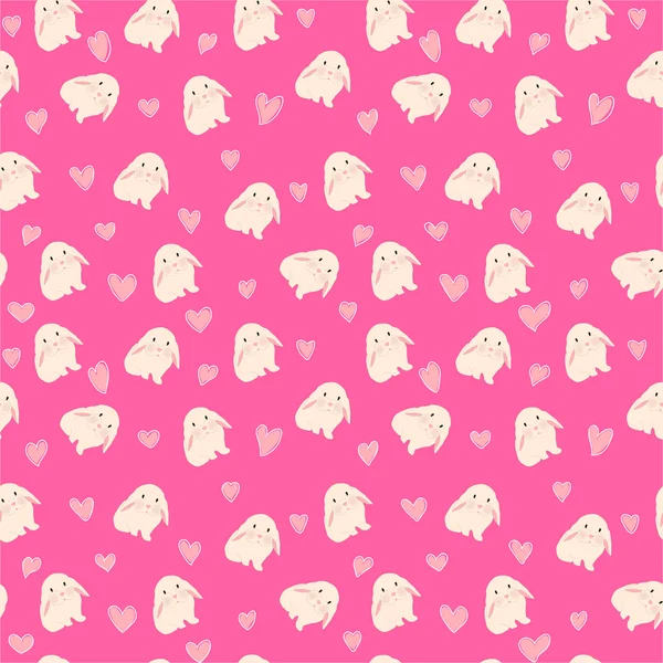 Lindo conejo y corazones ilustración, patrón sin costuras sobre fondo rosa — Vector de stock