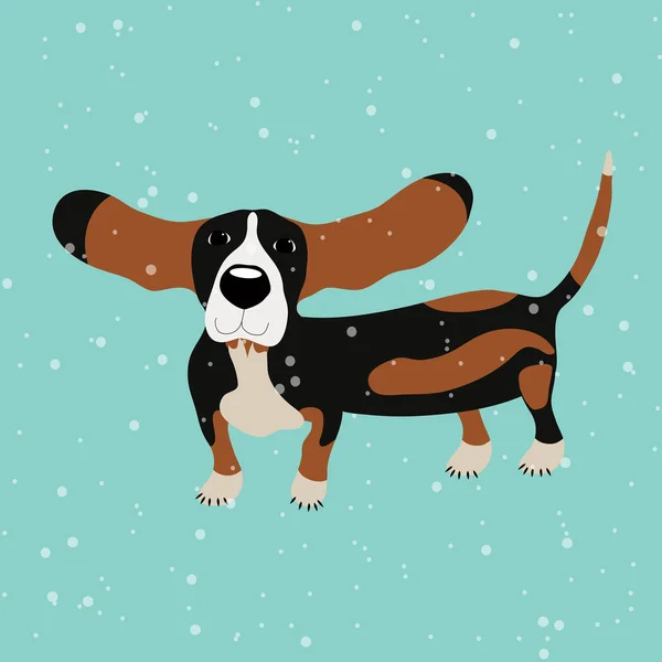 Cão Basset Cão sob queda de neve no fundo azul — Vetor de Stock