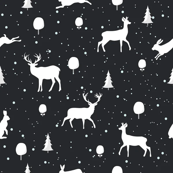 Бесшовный рождественский узор с силуэтами оленей и кроликов на черном фоне — стоковый вектор