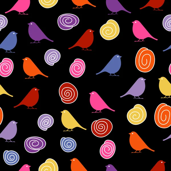 Oiseaux colorés sur fond noir, motif sans couture — Image vectorielle