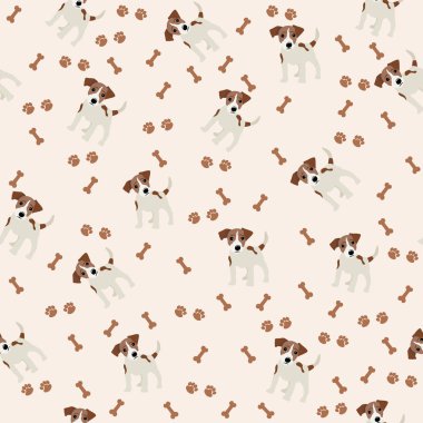 Jack Russell Terrier vektör Seamless modeli. Köpek, kemik, baskı pençe.