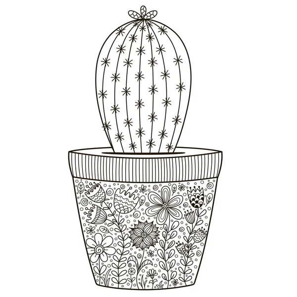 Doodle kaktus v hrnci s florálním ornamentem pro omalovánky — Stockový vektor