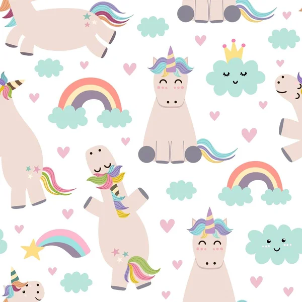 Adorable unicornio, arco iris y nubes patrón sin costura — Vector de stock
