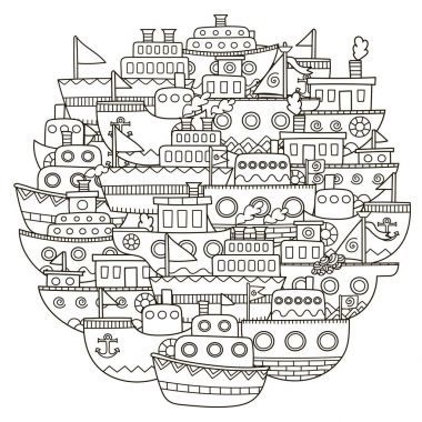 Daire şekli desenle boyama kitabı için şirin doodle tekneler