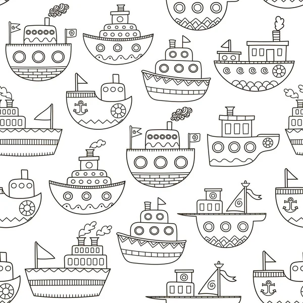 Barcas garabato blanco y negro patrón sin costuras — Vector de stock