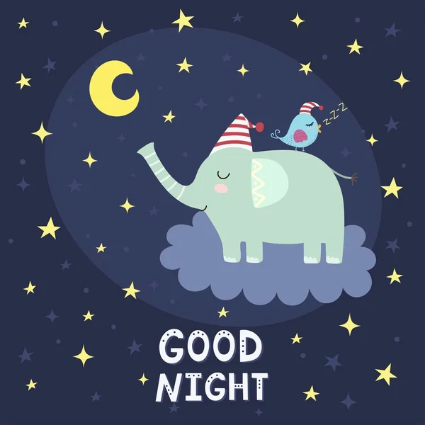 Tarjeta de buenas noches con elefante lindo volando en la nube — Vector de stock