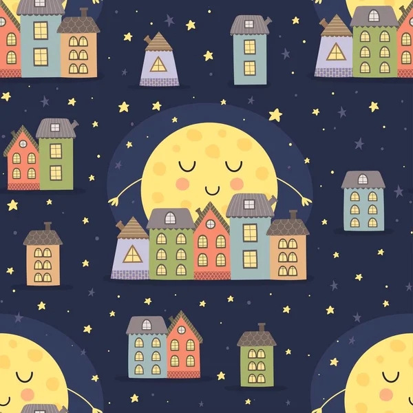 Good night seamless pattern with moon and city landscape