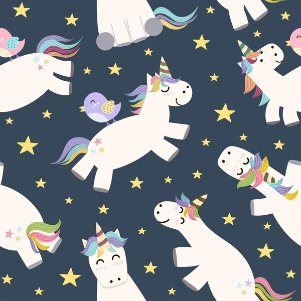 Schattig unicorn vliegen in de lucht naadloze patroon — Stockvector