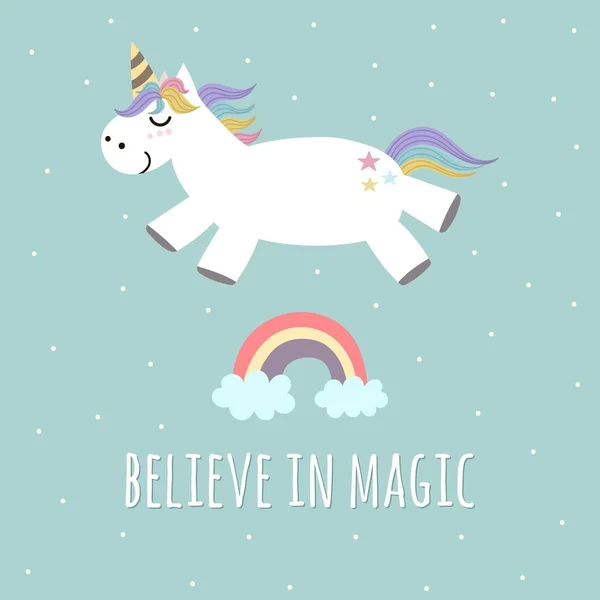 Magic poster, tebrik kartı şirin unicorn ve rainbow ile iman — Stok Vektör