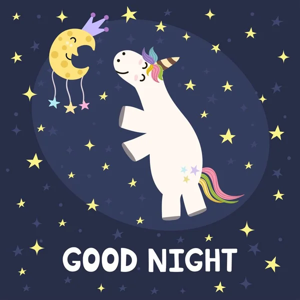 การ์ดคืนที่ดีกับยูนิคอร์นนน่ารักและดวงจันทร์ — ภาพเวกเตอร์สต็อก