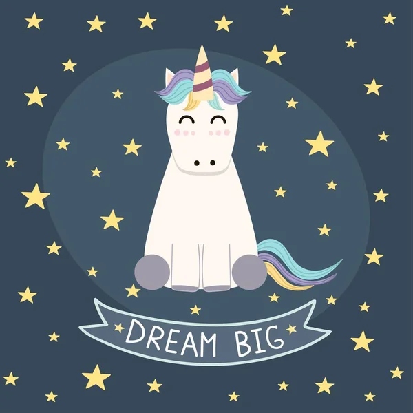 Dream Big affisch, gratulationskort med söt enhörning — Stock vektor