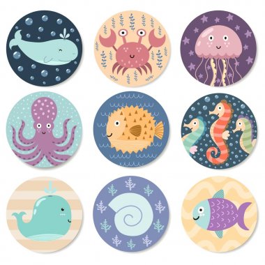 Çıkartma koleksiyonu ile şirin deniz hayvanları