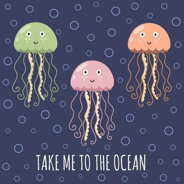 Vezmi mě k oceánu kartu s roztomilý jellyfishes — Stockový vektor