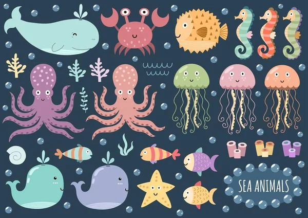 Conjunto vectorial de lindos animales marinos. Elemento aislado submarino — Vector de stock