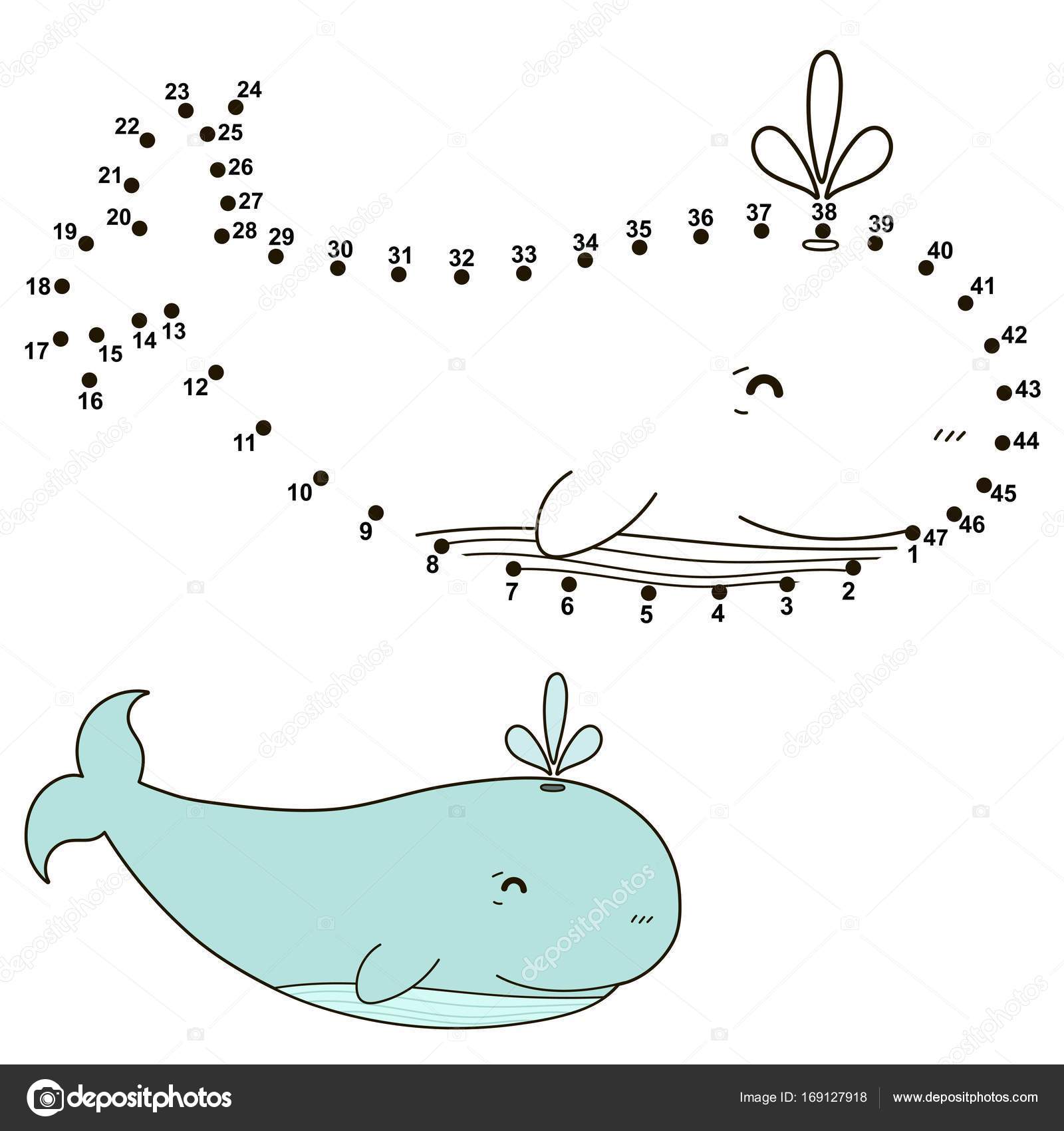 Unire i puntini per disegnare una balena carino e colorarlo Numeri di didattici e gioco da colorare per bambini Illustrazione di vettore — Vettoriali di