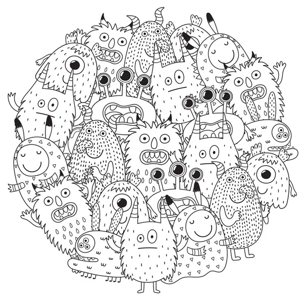 Monstros engraçados círculo forma padrão para colorir livro — Vetor de Stock