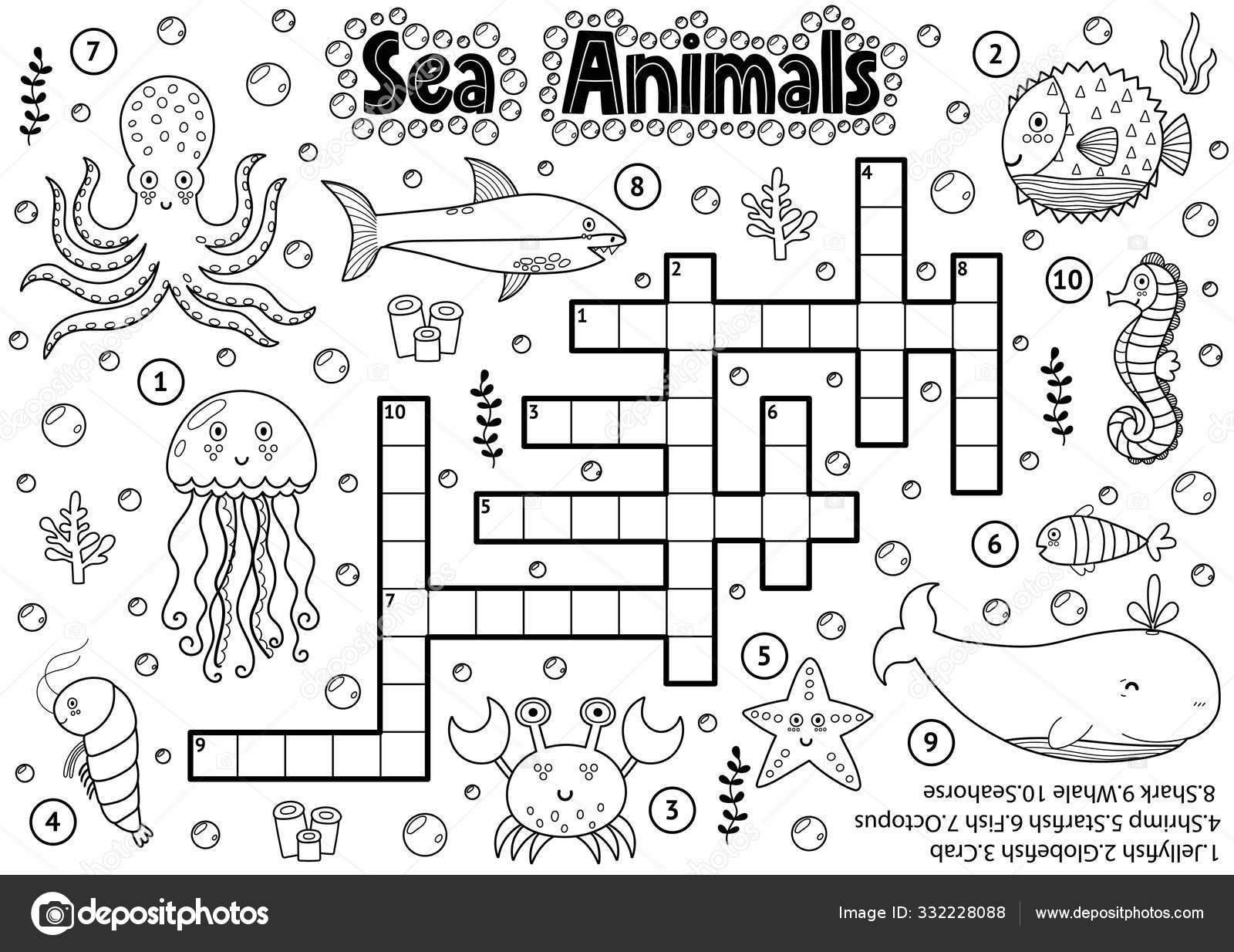 Crucigrama blanco y negro con animales marinos para colorear
