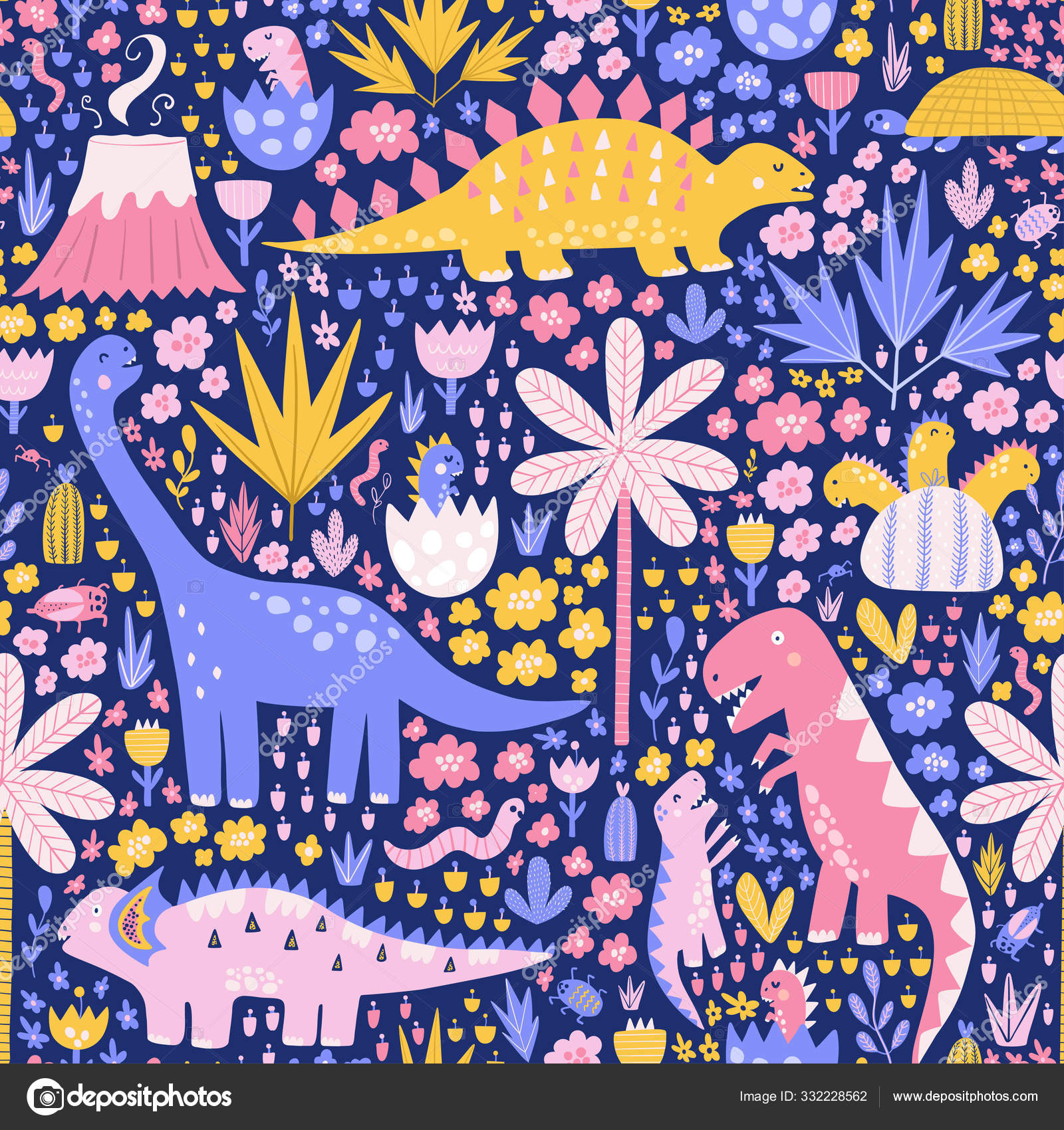 Dino background. Seamless pattern with dinosaurs, baby pattern